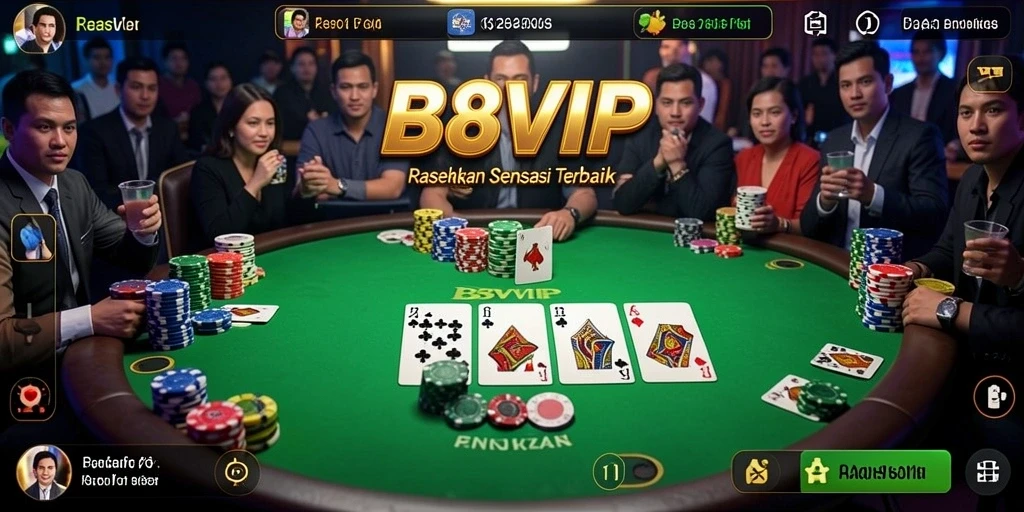 Screenshot B8VIP menampilkan gameplay poker yang mendebarkan dan interaksi pemain.