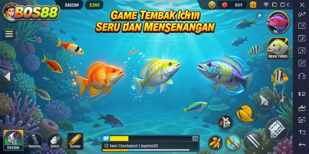 Tangkapan layar utama dari gameplay seru BOS88 dengan ikan yang beragam.