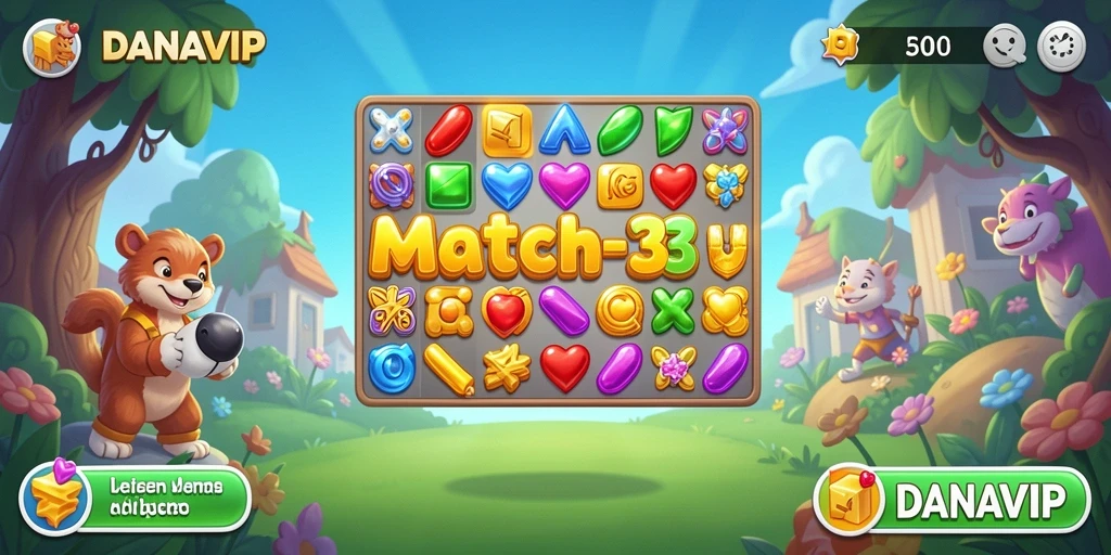 Tangkapan layar gameplay DANAVIP yang menunjukkan aksi seru permainan Match-3.