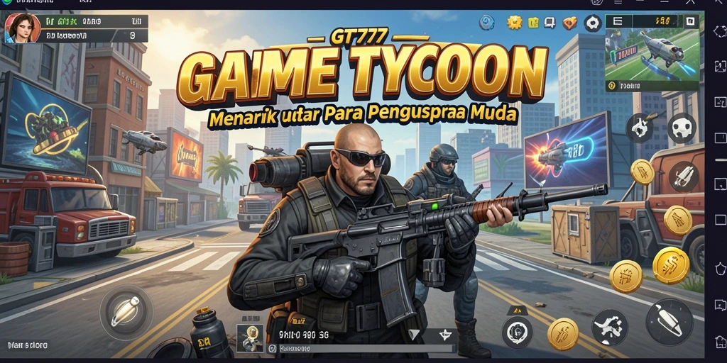 Screenshot utama GT777 menampilkan pemain menjalankan bisnis di dunia yang dinamis.