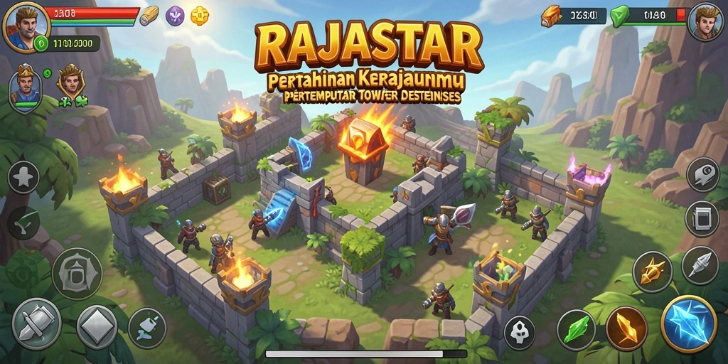 Screenshot gameplay RAJASTAR menampilkan pertempuran Tower Defense yang menakjubkan.