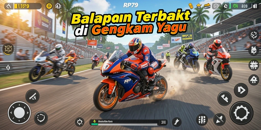Screenshot gameplay RP79 menampilkan balapan motor yang seru dengan grafis menawan.