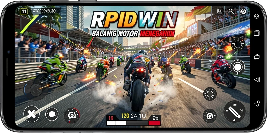 Screenshot RPIDWIN menampilkan aksi balap motor yang seru.