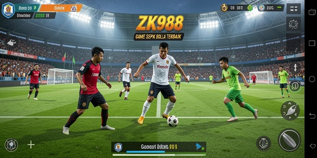 Screenshot utama ZK988 menampilkan aksi sepak bola yang mendebarkan.